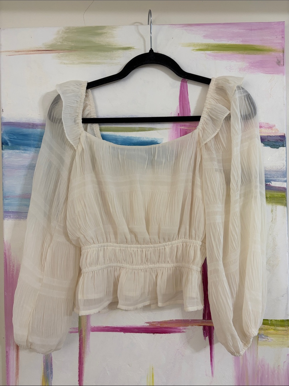 Astr Cream Square-Neck Peasant Top with Smocked Waist